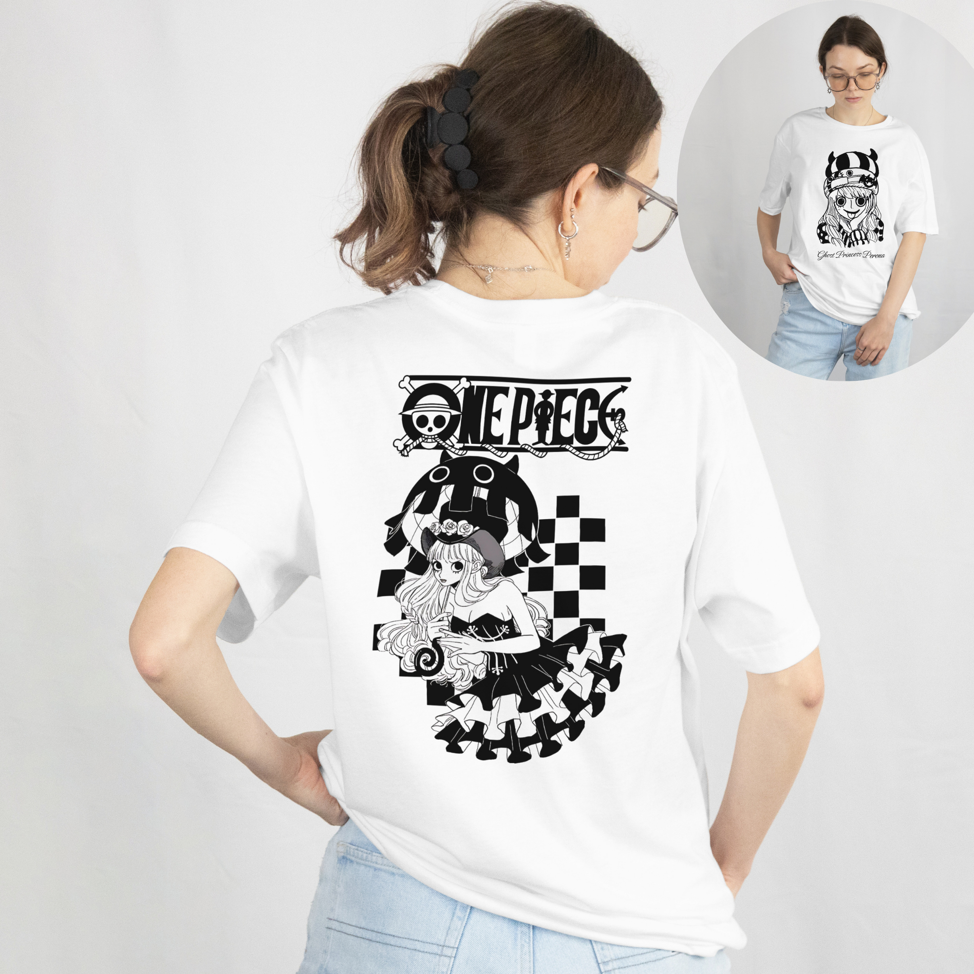 "One Piece Perona graphic t-shirt featuring gothic anime girl design in black and white"