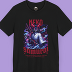 "Neko Samurai Cat T-Shirt with fierce Japanese warrior cat design in glowing red and blue graphic style"