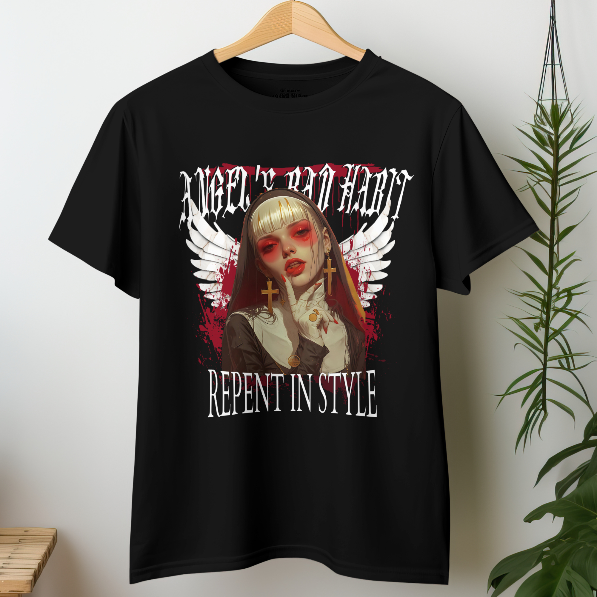 Angel's Bad Habit Gothic Nun T-Shirt with Occult Horror graphic and angel wings.