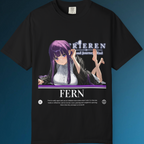 Anime girl Fern from Frieren reclines with legs bent up and toes flexed, featuring long violet hair and a gothic outfit on this streetwear-style shirt.