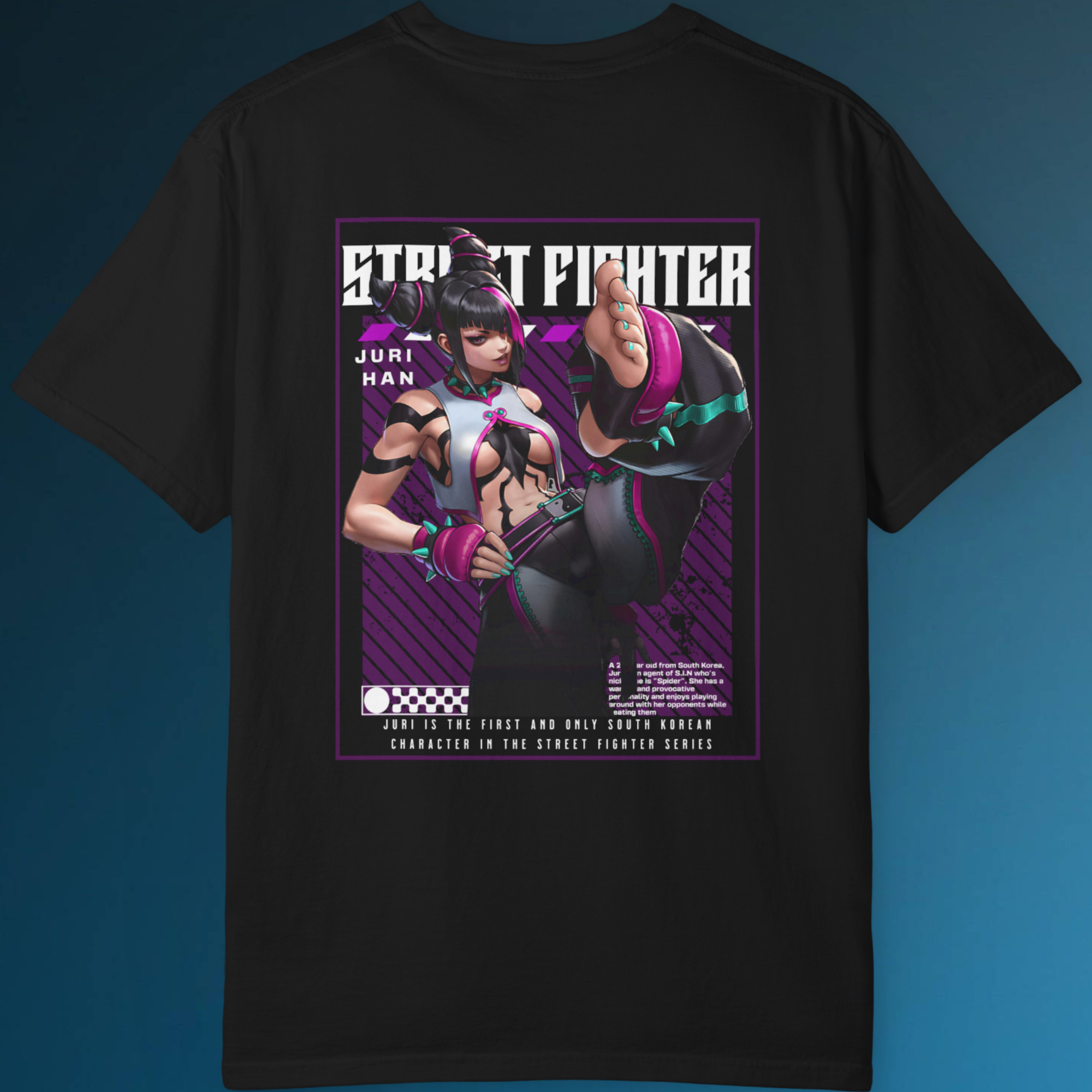 Unisex Juri Street Fighter shirt with striking kick pose, ideal for casual streetwear style.