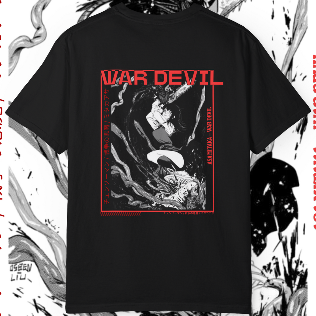 "Dark fantasy anime shirt Chainsaw Man War Devil Asa Mitaka graphic tee for otaku and manga lovers"