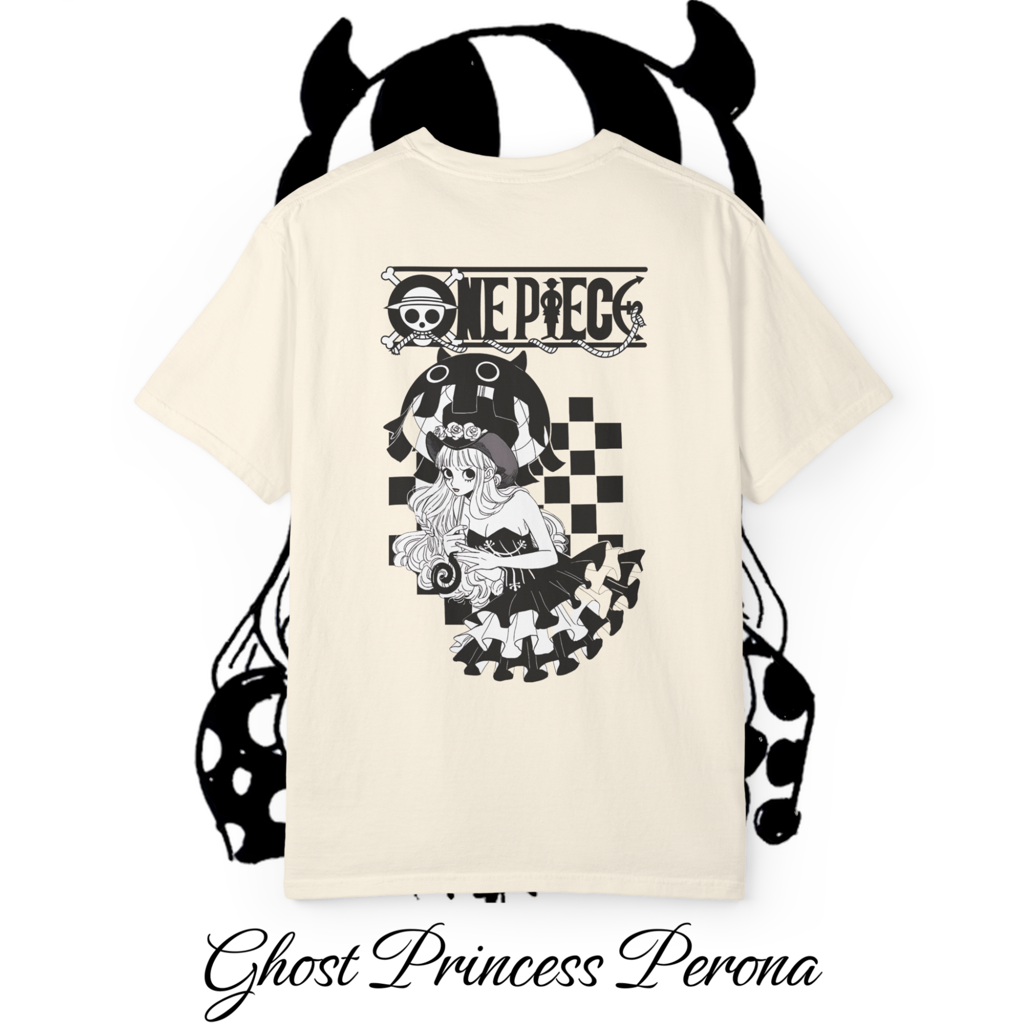 "One Piece gothic streetwear shirt with Perona character in monochrome design"