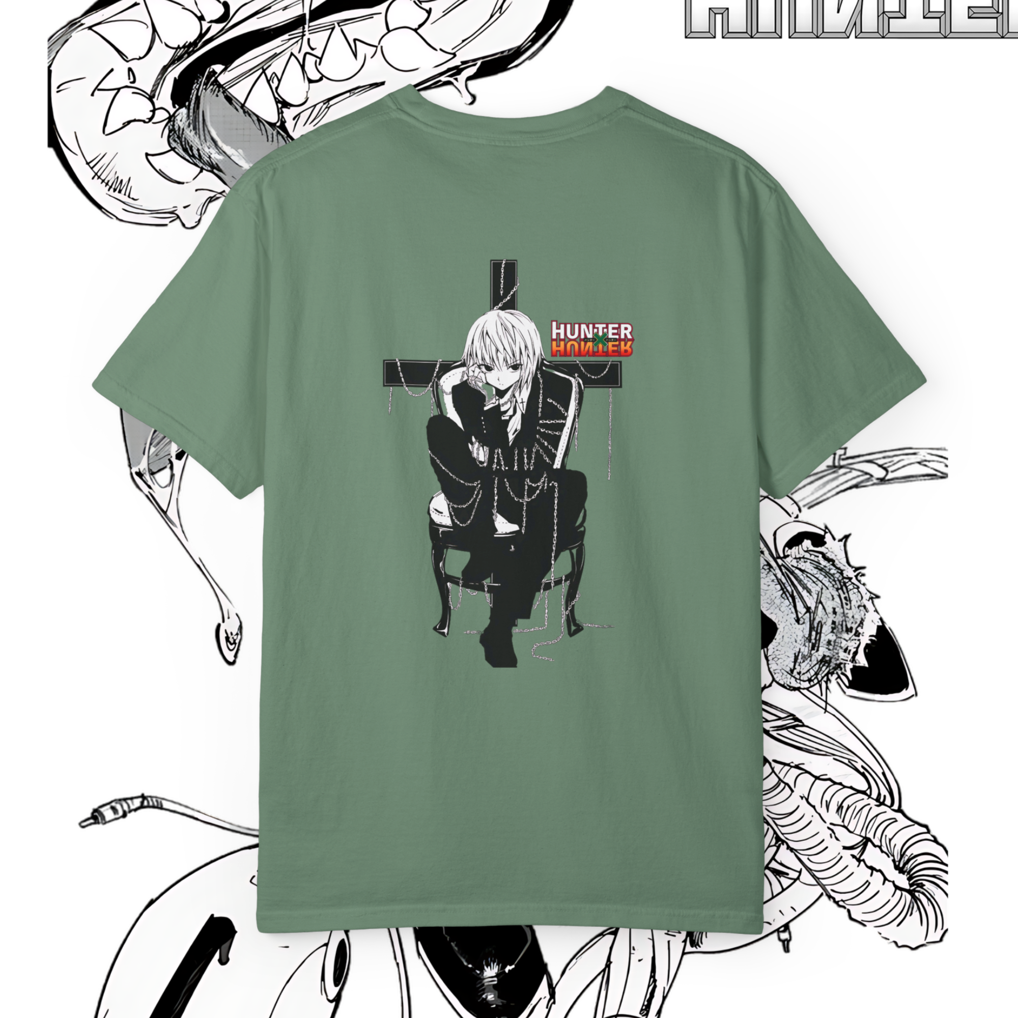 Japanese manga streetwear t-shirt with Hunter x Hunter character art and oversized back print