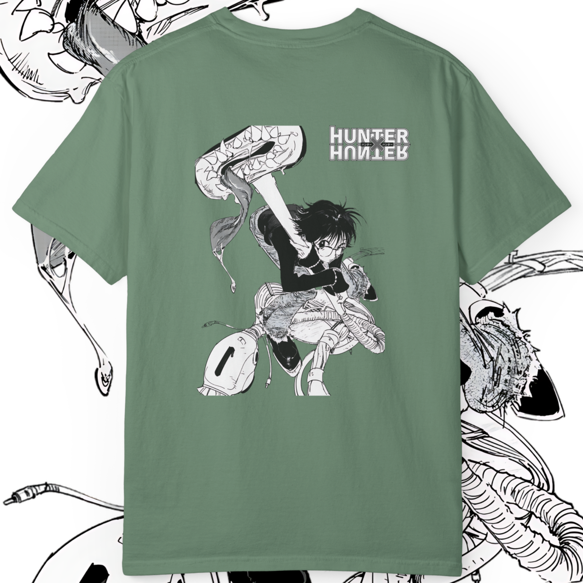 green Comfort Colors 1717 t-shirt with Hunter x Hunter manga artwork of Shizuku and Phantom Troupe spider design.