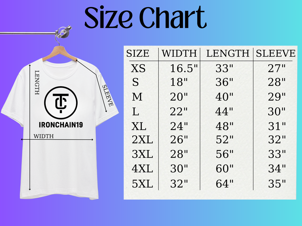 "Bella+Canvas 3001 t-shirt size chart with width and length measurements in inches from size XS to 5XL. White shirt displays a gothic fantasy cat design logo of 'Ironchain19'. Background is a purple to pink gradient. Helpful for sizing and style reference for cat lovers and streetwear fans."