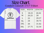 "Comfort Colors 1717 t-shirt size chart with width and length measurements in inches from size S to 3XL. White shirt displays a gothic fantasy cat design logo of 'Ironchain19'. Background is a purple to pink gradient. Helpful for sizing and style reference for cat lovers and streetwear fans."