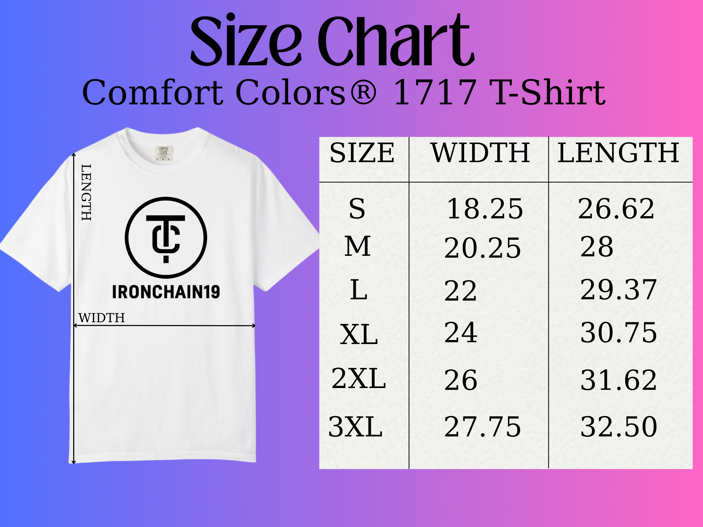 "Comfort Colors 1717 t-shirt size chart with width and length measurements in inches from size S to 3XL. White shirt displays a gothic fantasy cat design logo of 'Ironchain19'. Background is a purple to pink gradient. Helpful for sizing and style reference for cat lovers and streetwear fans."