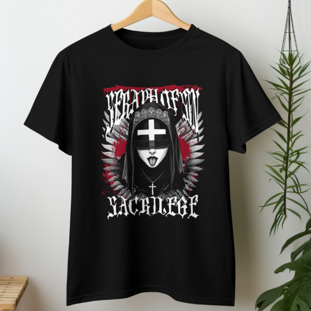 Dark Gothic Nun T-Shirt Sacrilege graphic with inverted cross and red accents.