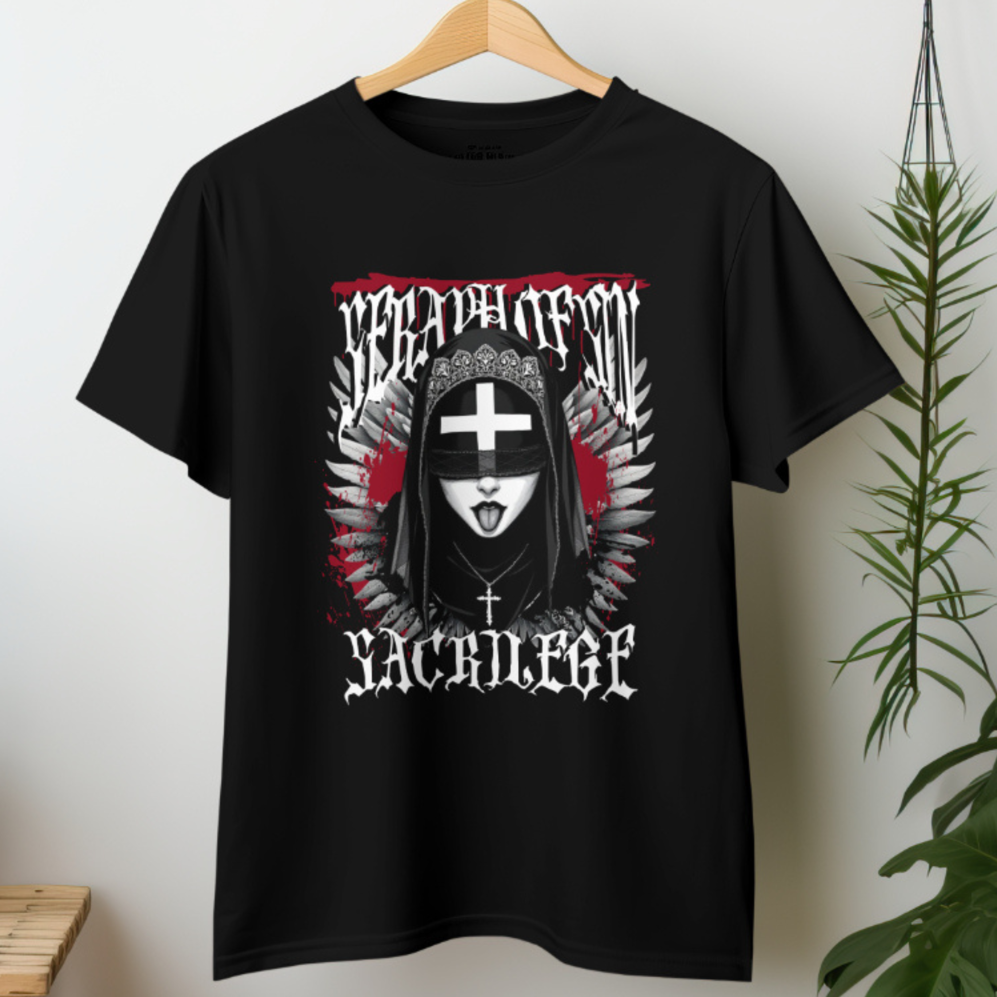 Dark Gothic Nun T-Shirt Sacrilege graphic with inverted cross and red accents.