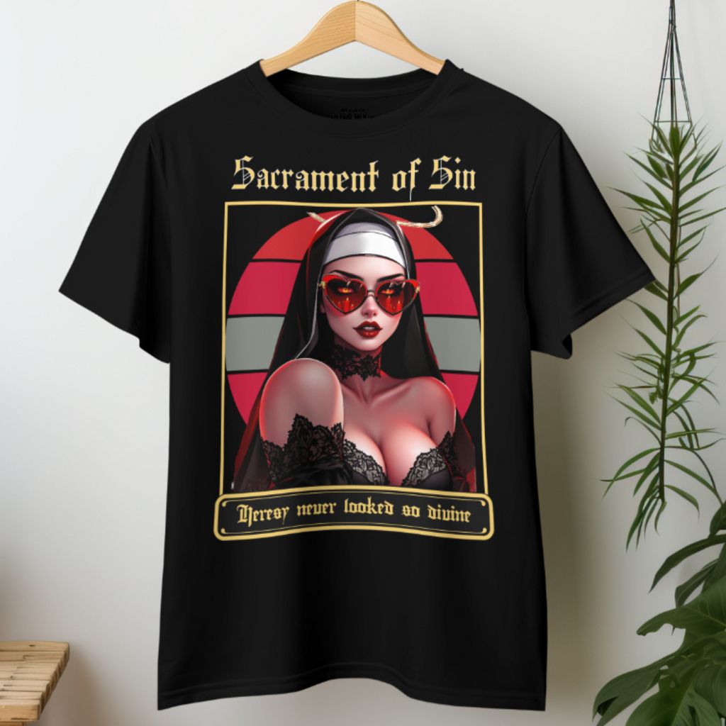 Sacrament of Sin Vampire Nun T-Shirt Gothic E-Girl graphic with heart sunglasses.