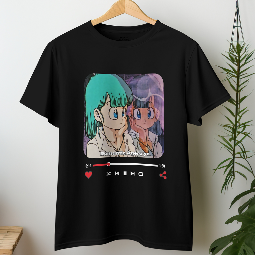 Dragon Ball Bulma T-Shirt Retro 90s Anime Aesthetic with Romantic Ageru yo text.