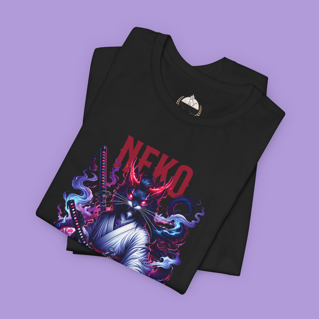 "Samurai cat graphic tee for anime fans featuring dark fantasy Japanese artwork"