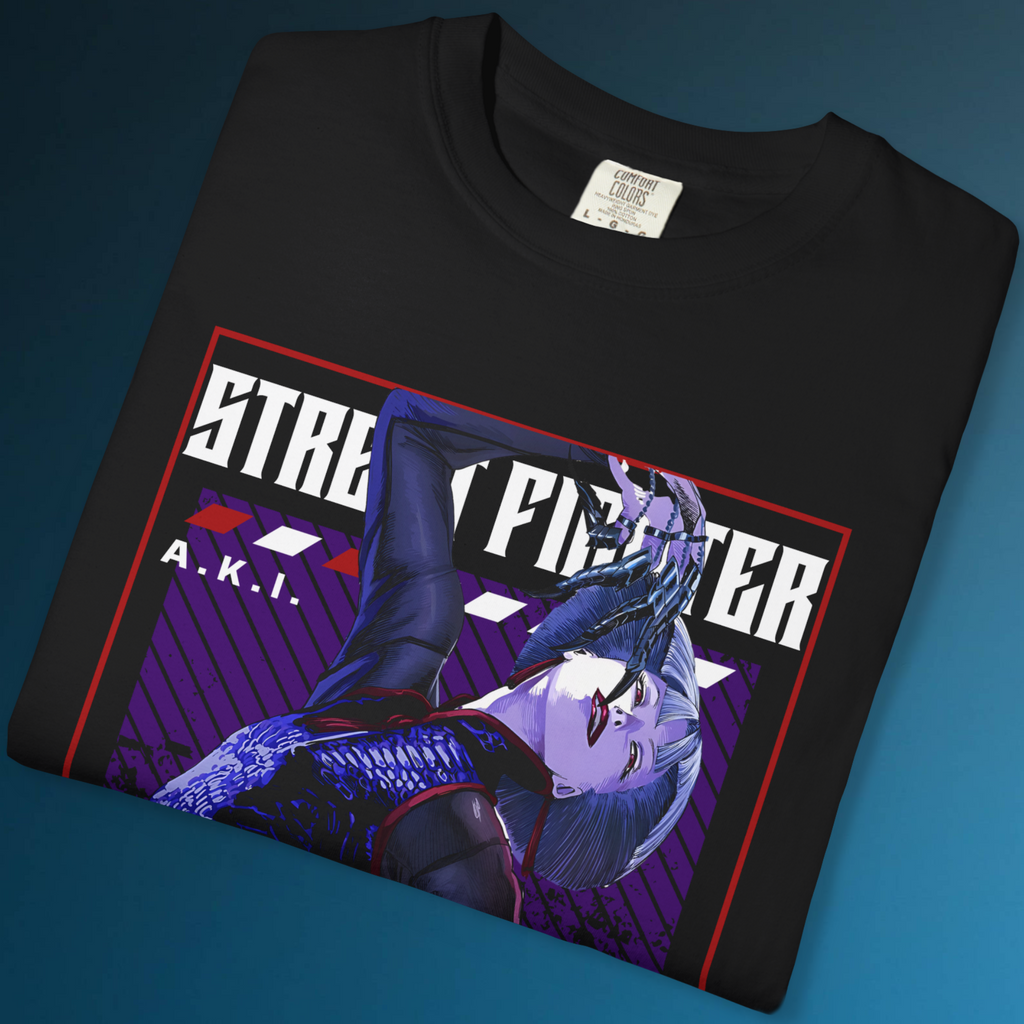 Street Fighter A.K.I. graphic tee with dark anime-inspired artwork on black shirt
