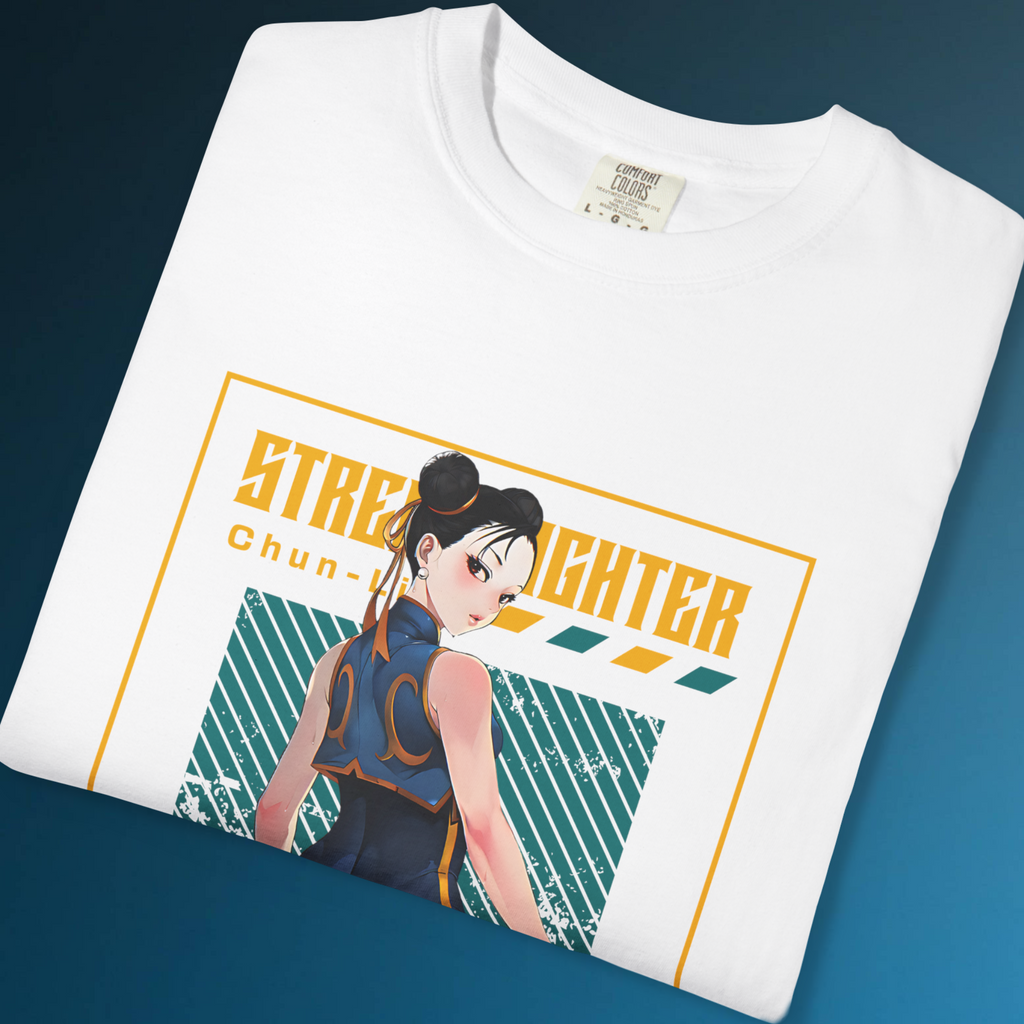 "Retro gaming graphic tee featuring Chun-Li from Street Fighter in bold design"