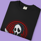 Horror parody streetwear shirt with Ghost Face character artwork, perfect for Halloween or casual outfits.