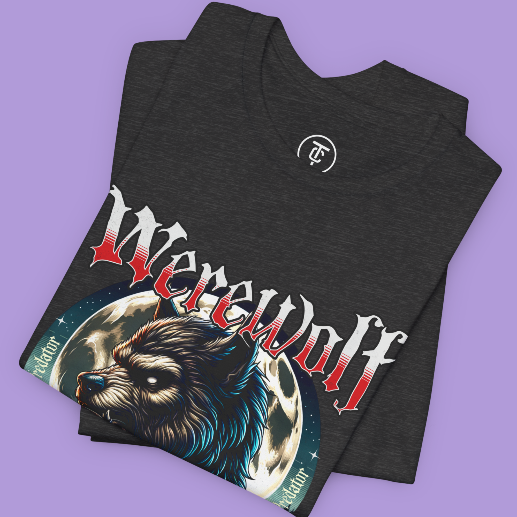Dark Fantasy apparel featuring a fearsome werewolf against a giant full moon.