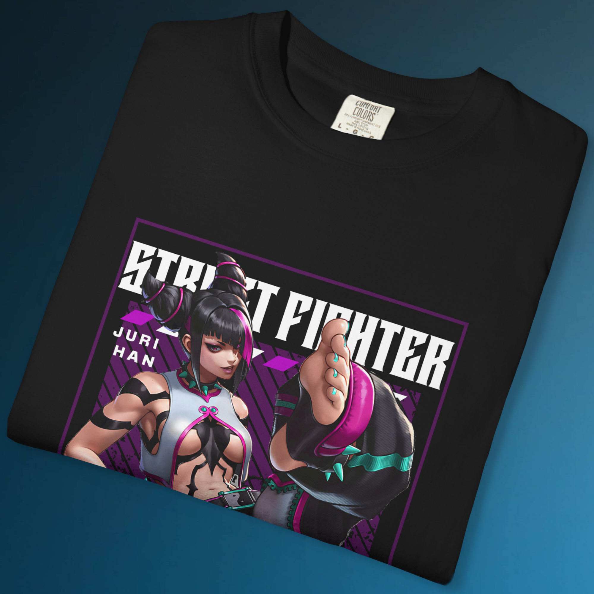 "Black Juri Han graphic tee featuring Street Fighter character in iconic fighting pose"