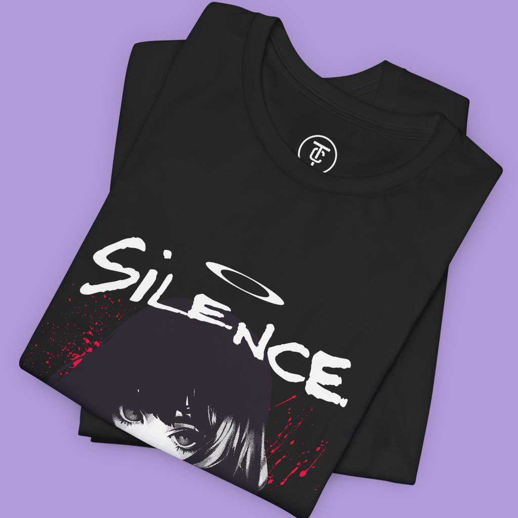 Black oversized t-shirt alternative fashion style, showcasing a mysterious anime girl.