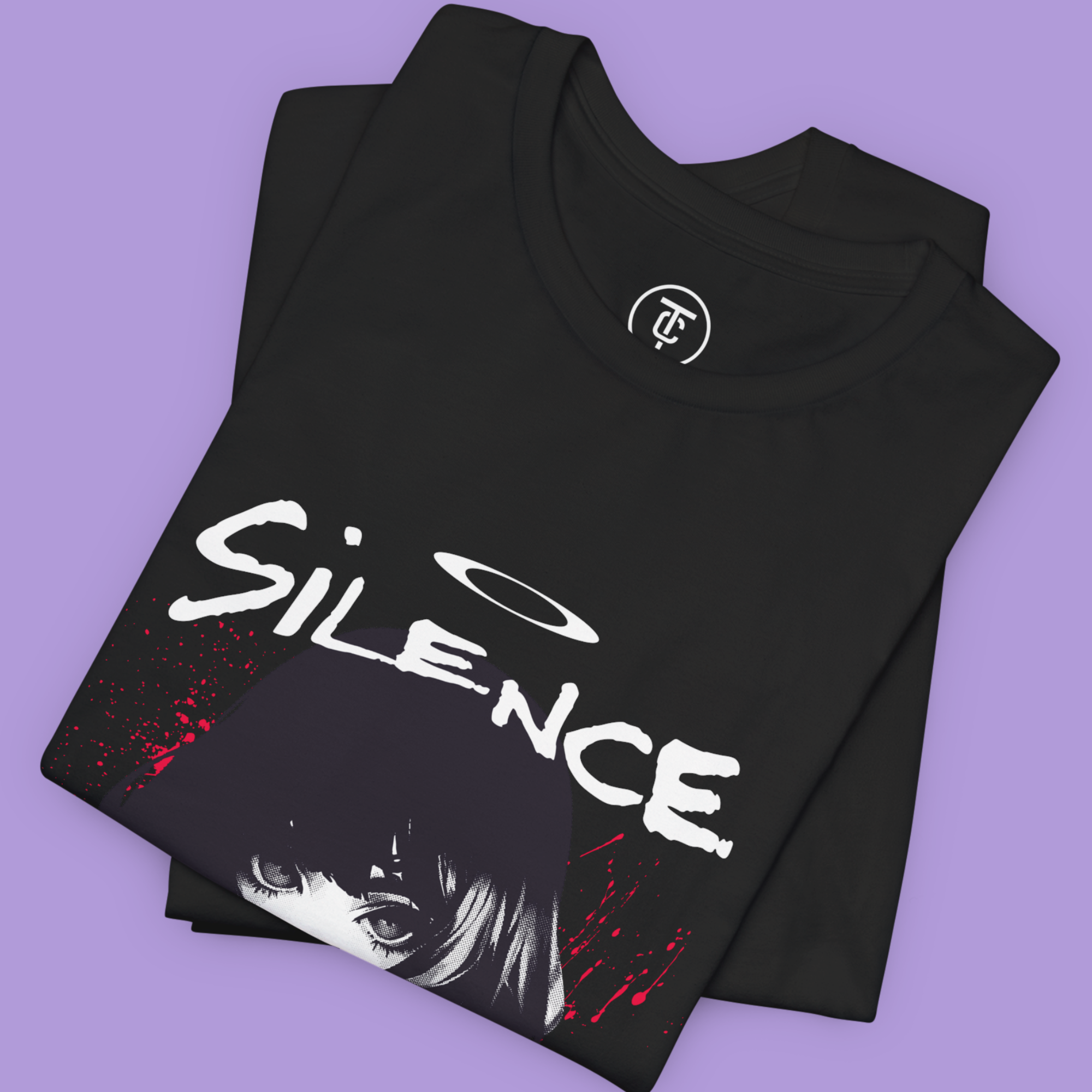 Black oversized t-shirt alternative fashion style, showcasing a mysterious anime girl.