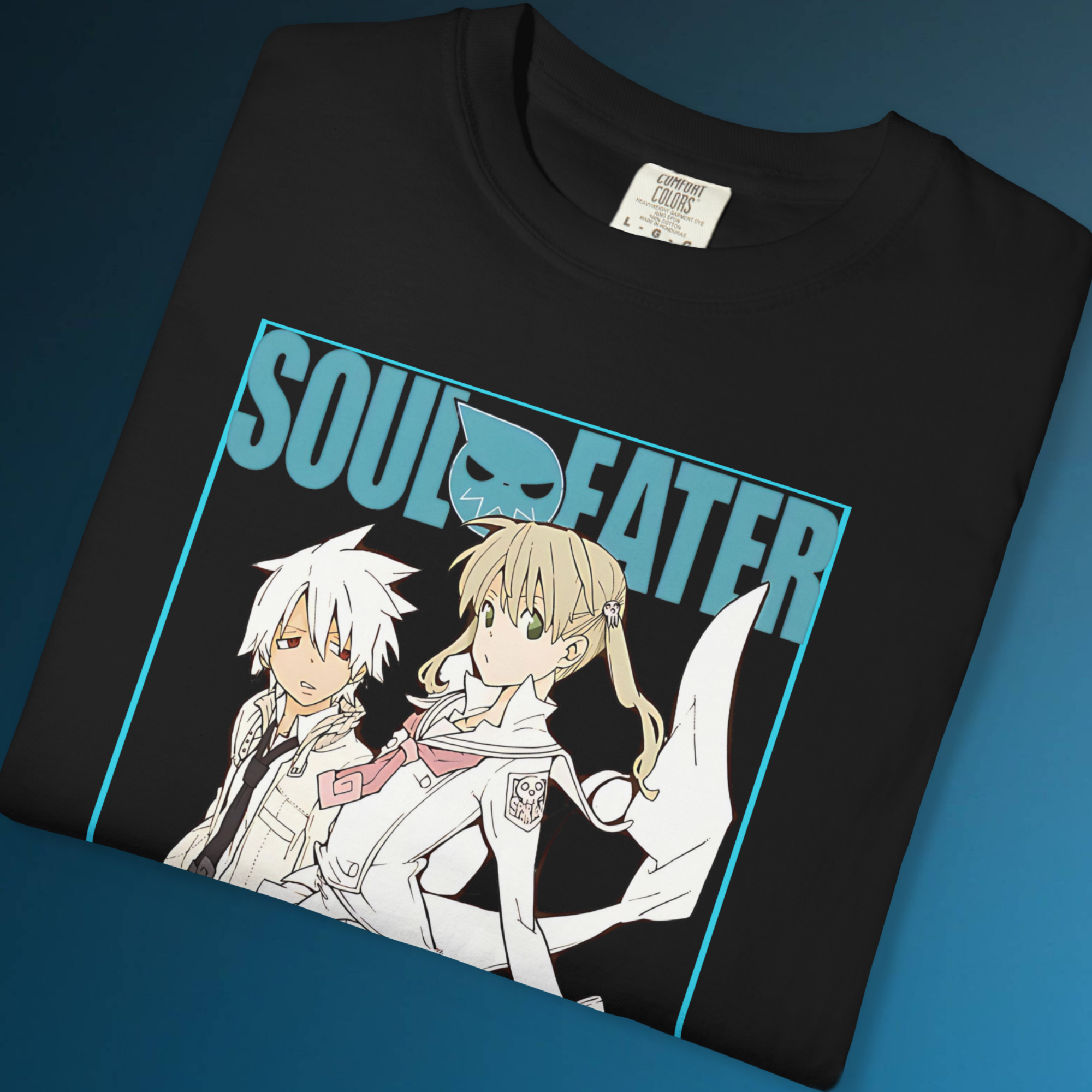 Japanese anime fashion tee with Soul Eater duo Maka and Soul, perfect for cosplay fans and collectors.