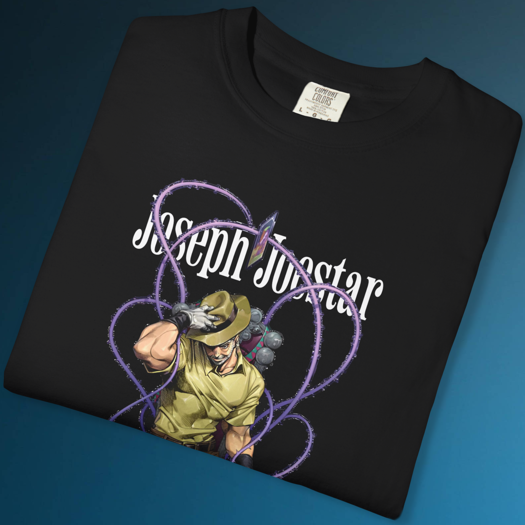 Stylish Joseph Joestar pose graphic tee inspired by Stardust Crusaders anime series.
