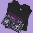 Close-up of Leviathan Reborn graphic print with red eyes and lightning.