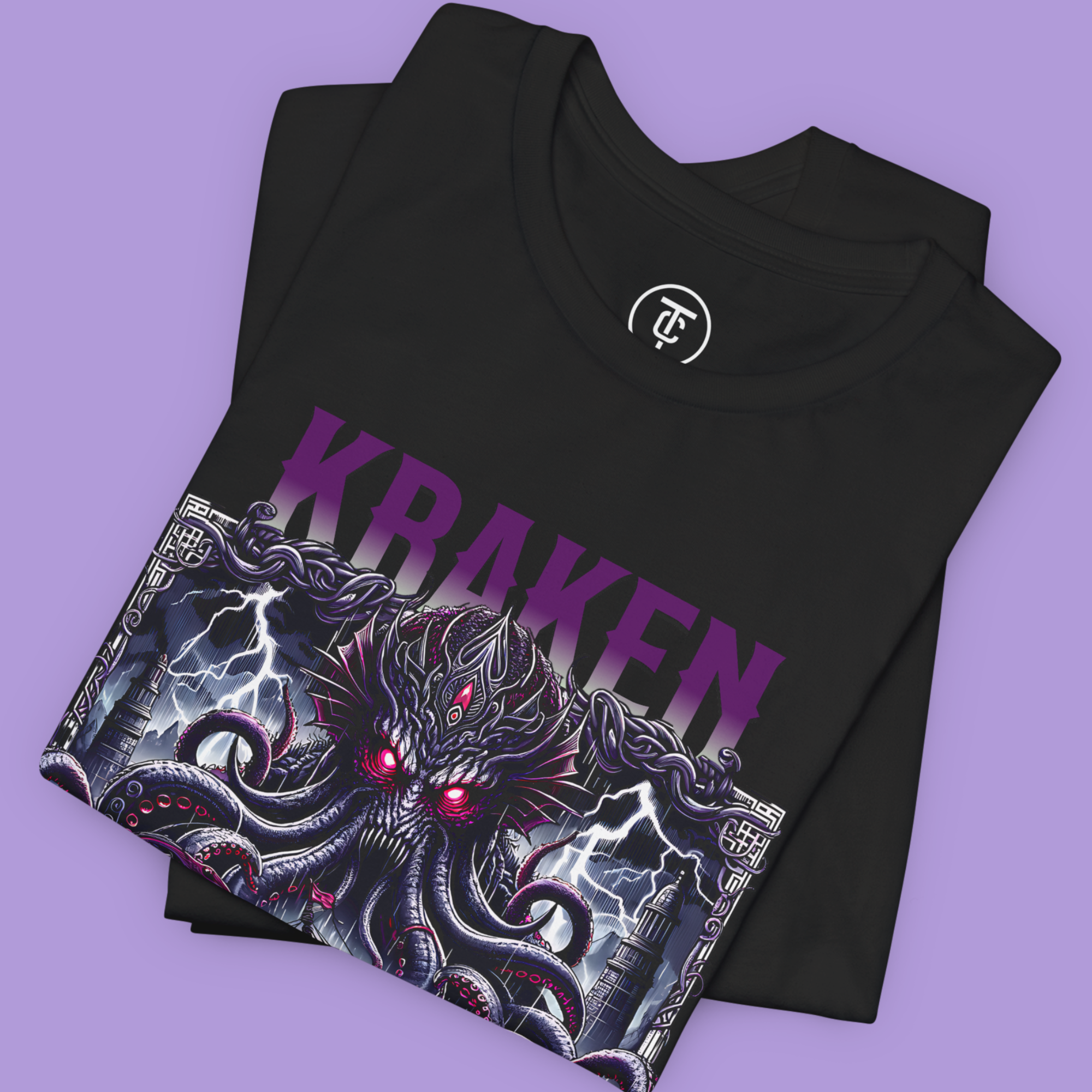 Close-up of Leviathan Reborn graphic print with red eyes and lightning.