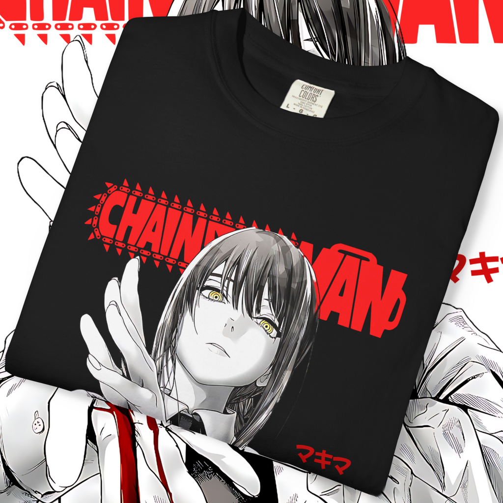 Chainsaw Man Makima graphic tee in monochrome manga art with red lettering for anime fans.