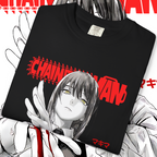 Chainsaw Man Makima graphic tee in monochrome manga art with red lettering for anime fans.