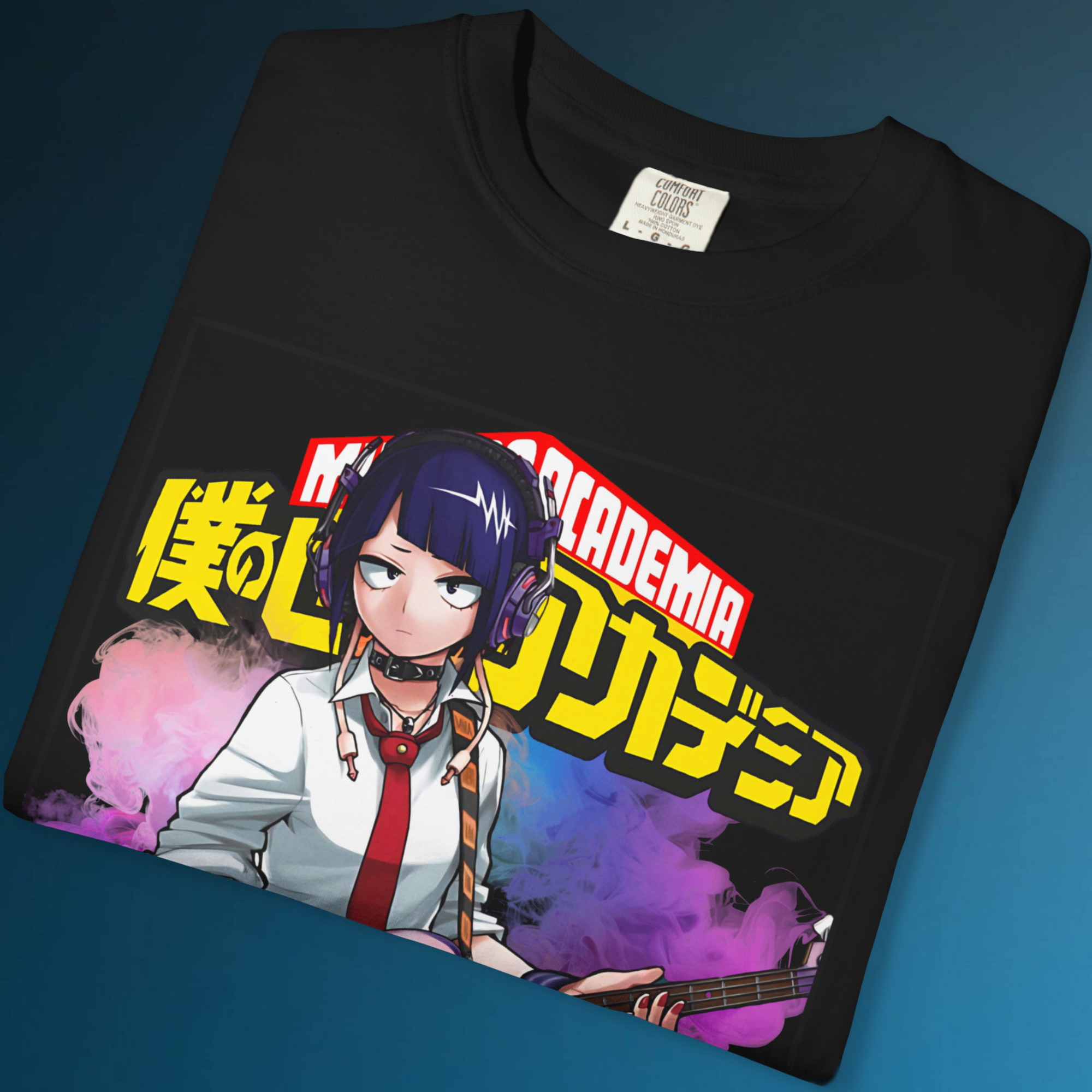 Black My Hero Academia T-Shirt featuring Kyouka Jirou with purple guitar and anime graphic design.