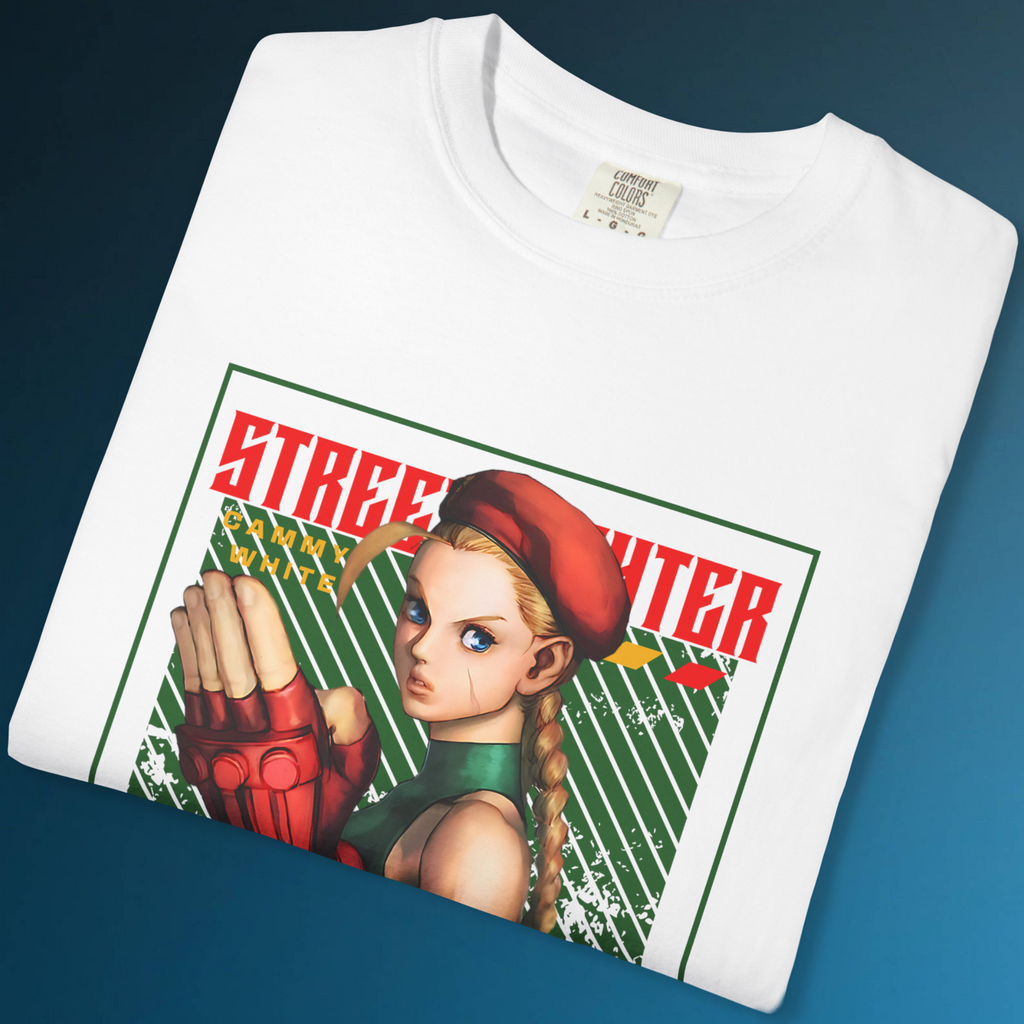 Retro gaming T-shirt featuring Cammy White from Street Fighter series