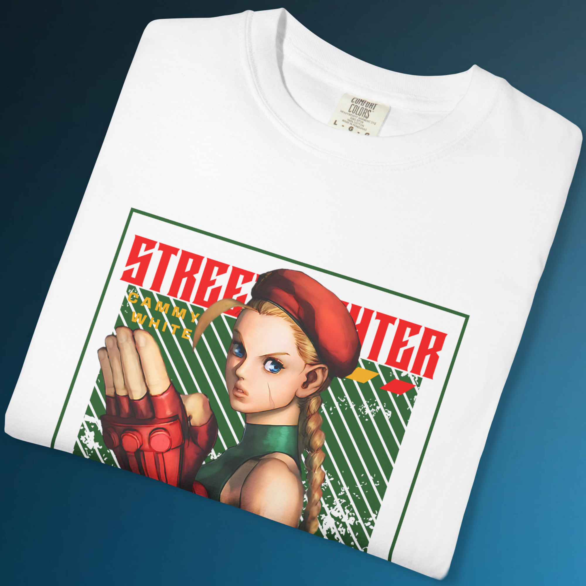 Retro gaming T-shirt featuring Cammy White from Street Fighter series