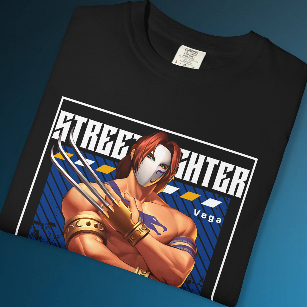 "Street Fighter Vega T-Shirt with anime graphic of masked fighter and claws"