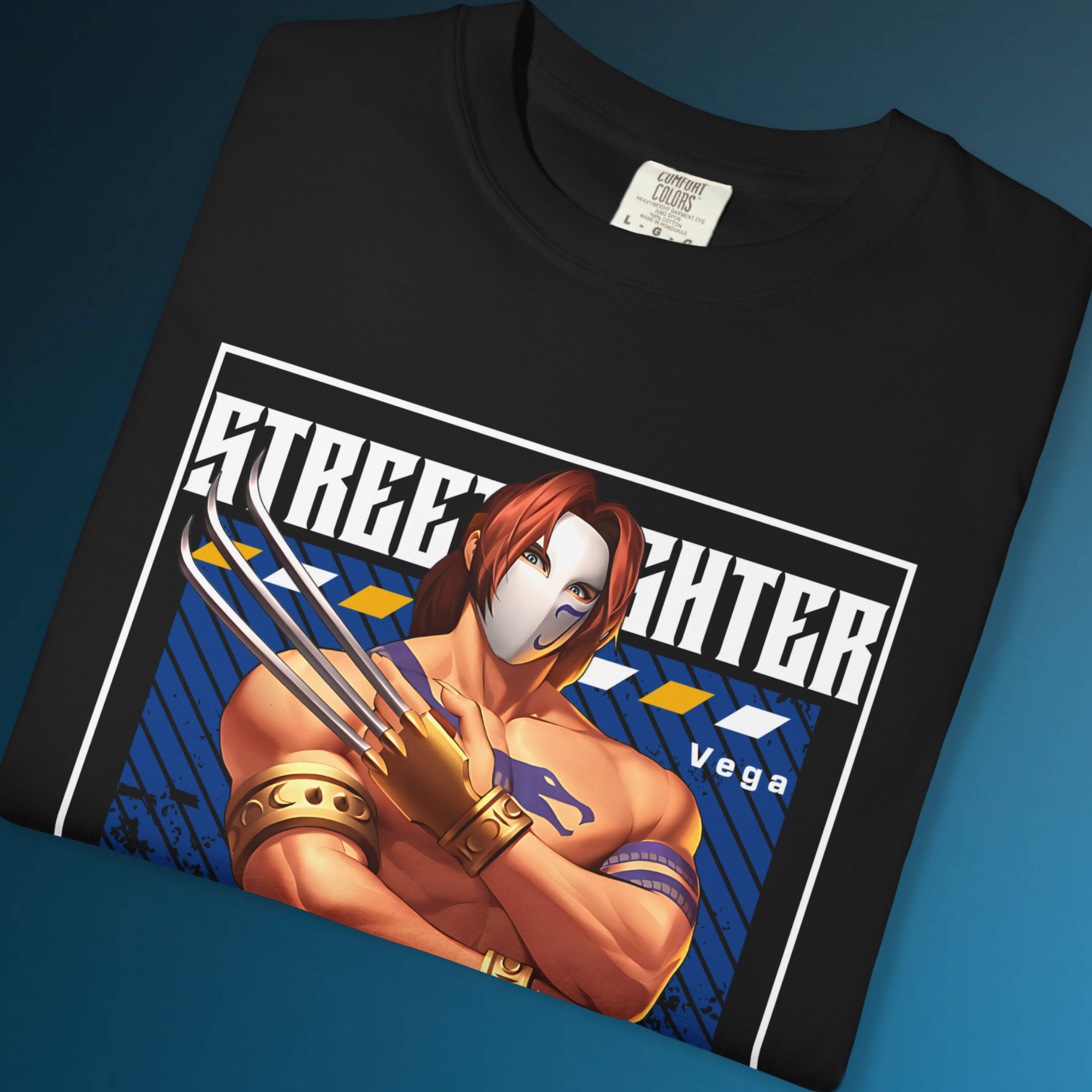 "Street Fighter Vega T-Shirt with anime graphic of masked fighter and claws"