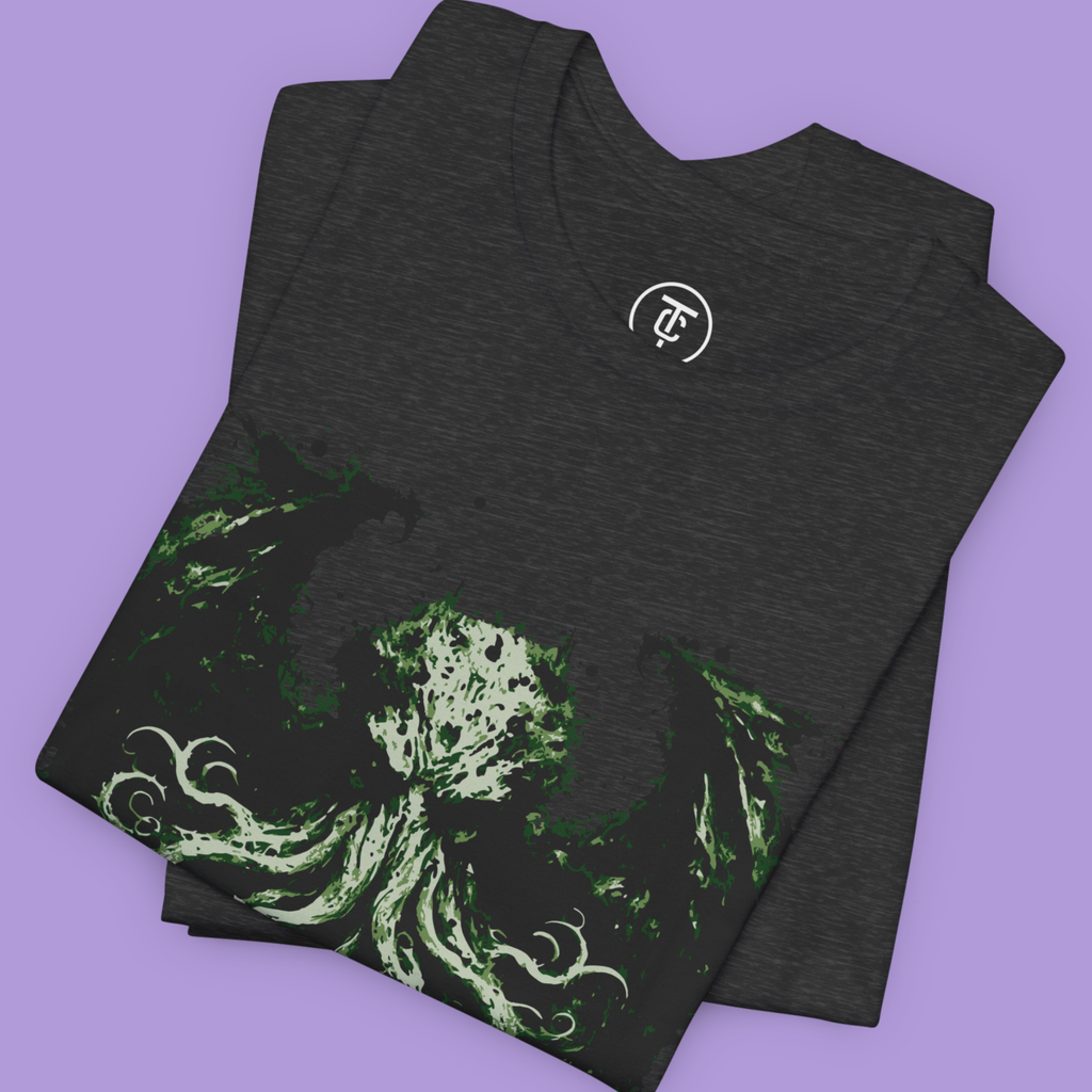 "Eldritch horror graphic tee featuring dark Cthulhu artwork, perfect for anime and occult fashion fans"