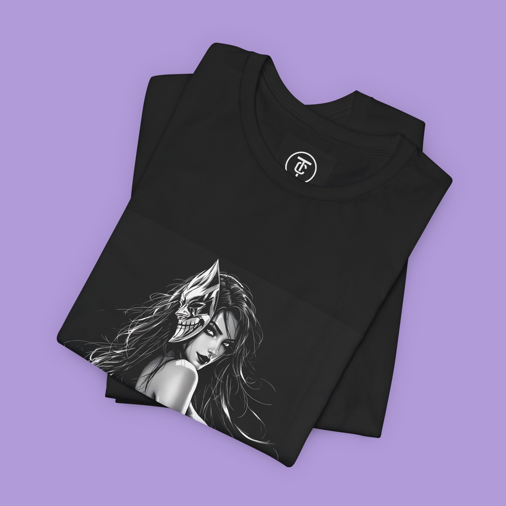 Black and white Oni mask t-shirt with seductive anime woman design, blending gothic elegance and Japanese dark art.