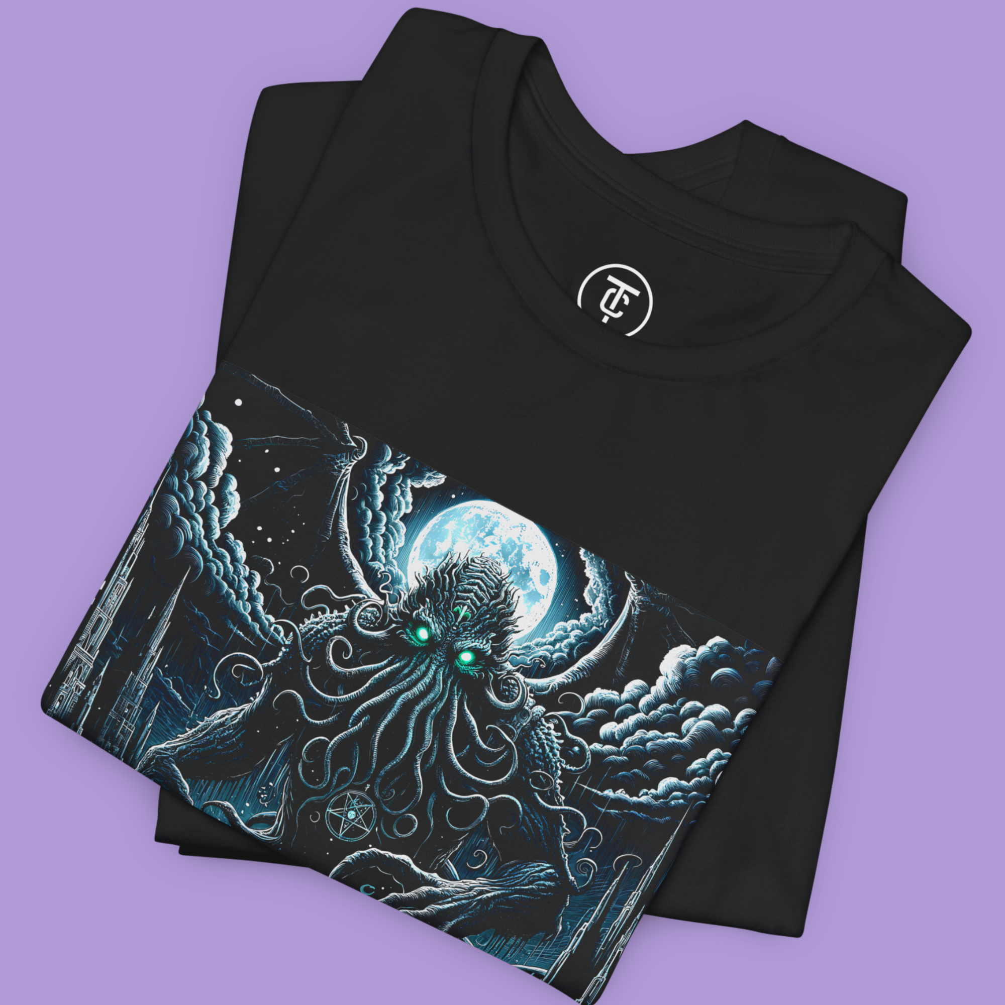 "Unisex oversized bella+canvas 3001® tee with bold Cthulhu print – perfect for horror and occult lovers"
