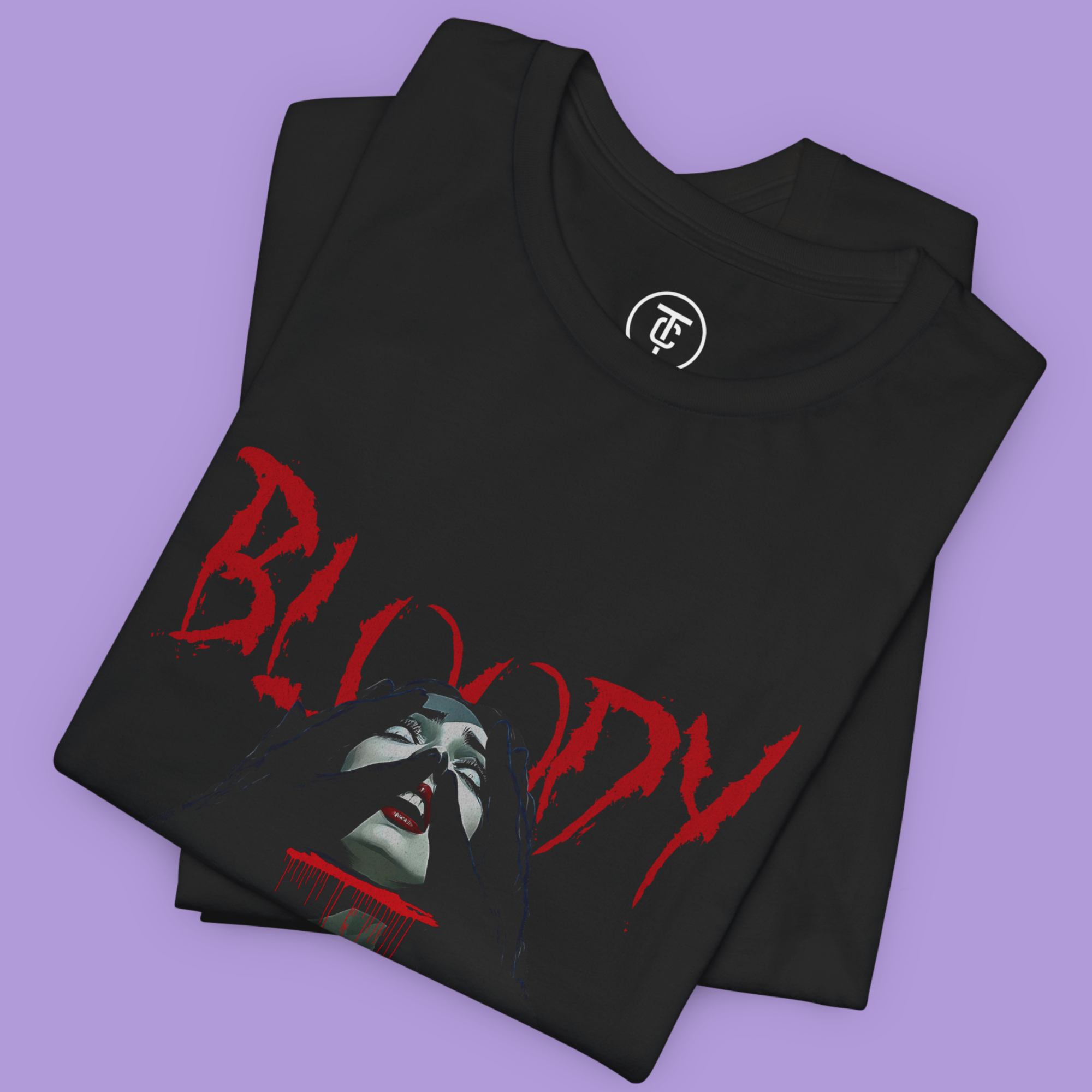 Close-up of Goth Core T-shirt graphic showing the vampire's red lipstick and dark hair.