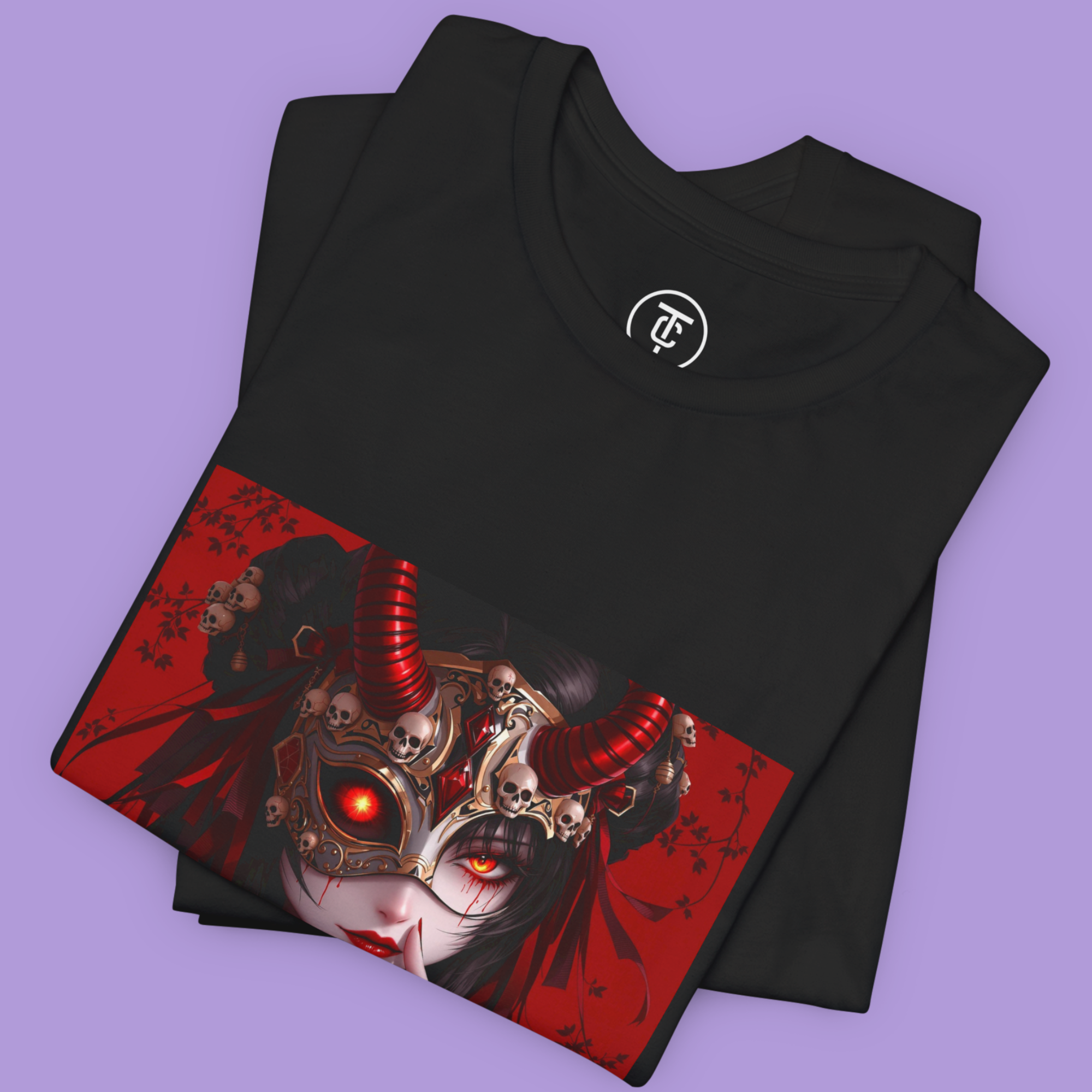 Close-up of the Japanese Dark Aesthetic design with red glowing eye and skull details