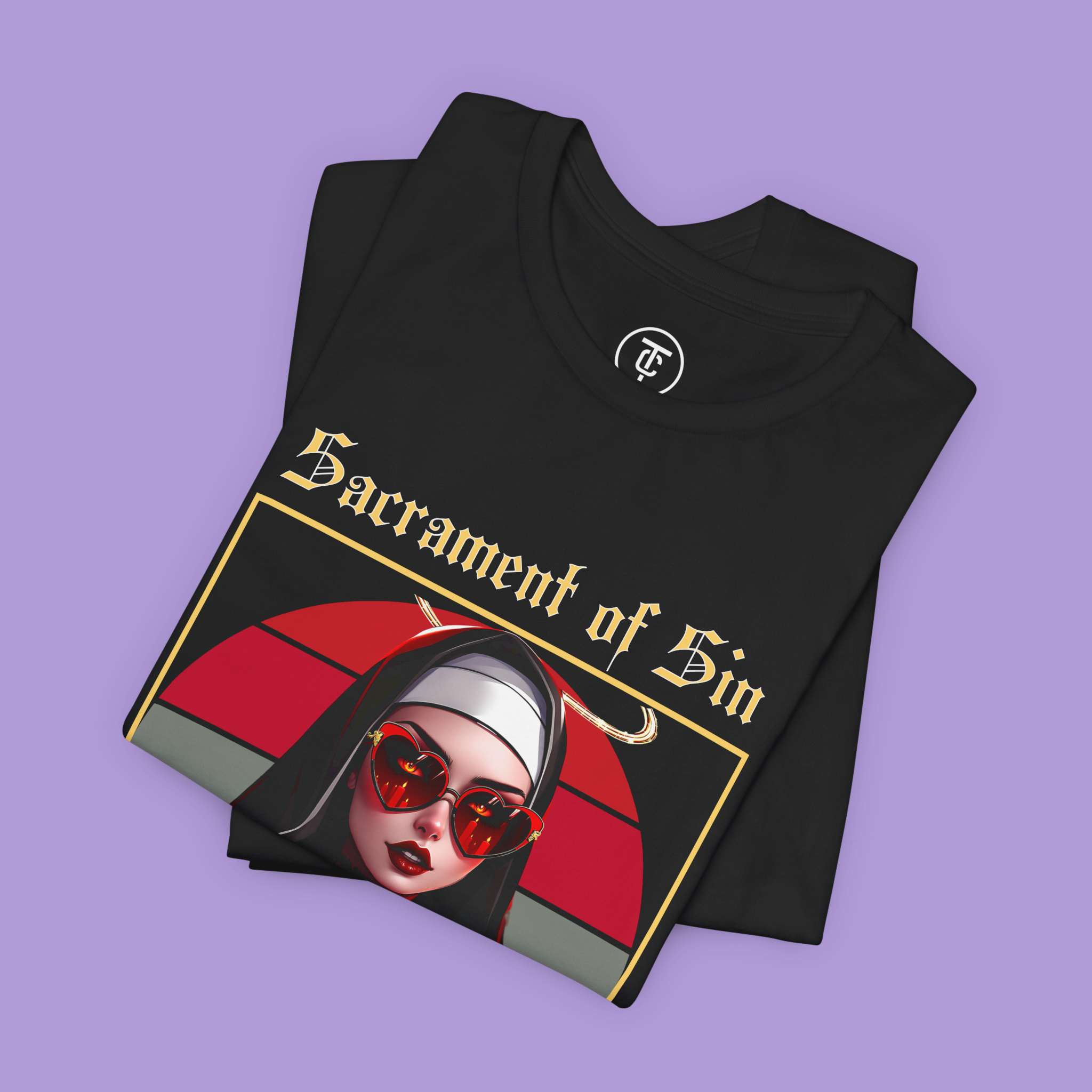 Close-up of Pop Art Goth shirt showing the nun's seductive look against the red/gray circle background.