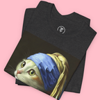 Close-up of Funny Cat Lover Gift T-shirt featuring a feline subject with a pearl earring.