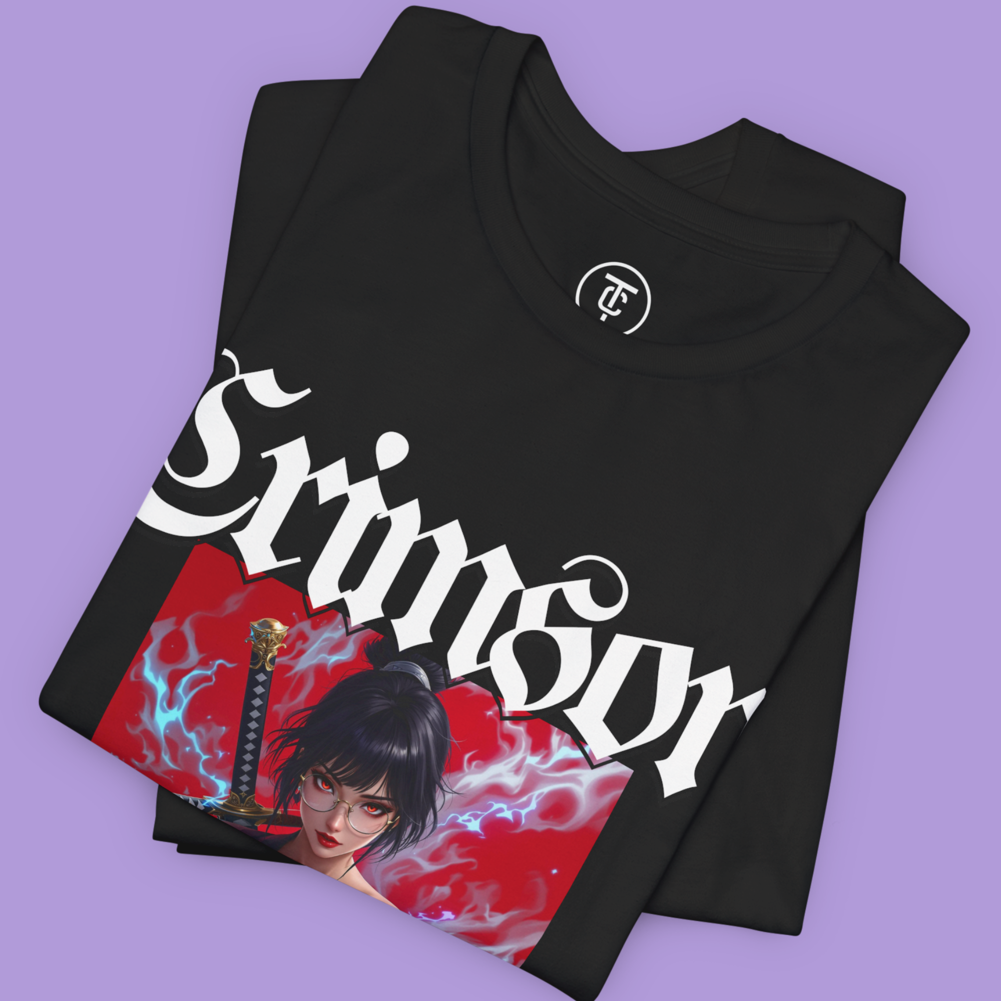 Japanese anime streetwear t-shirt featuring fierce crimson samurai girl illustration