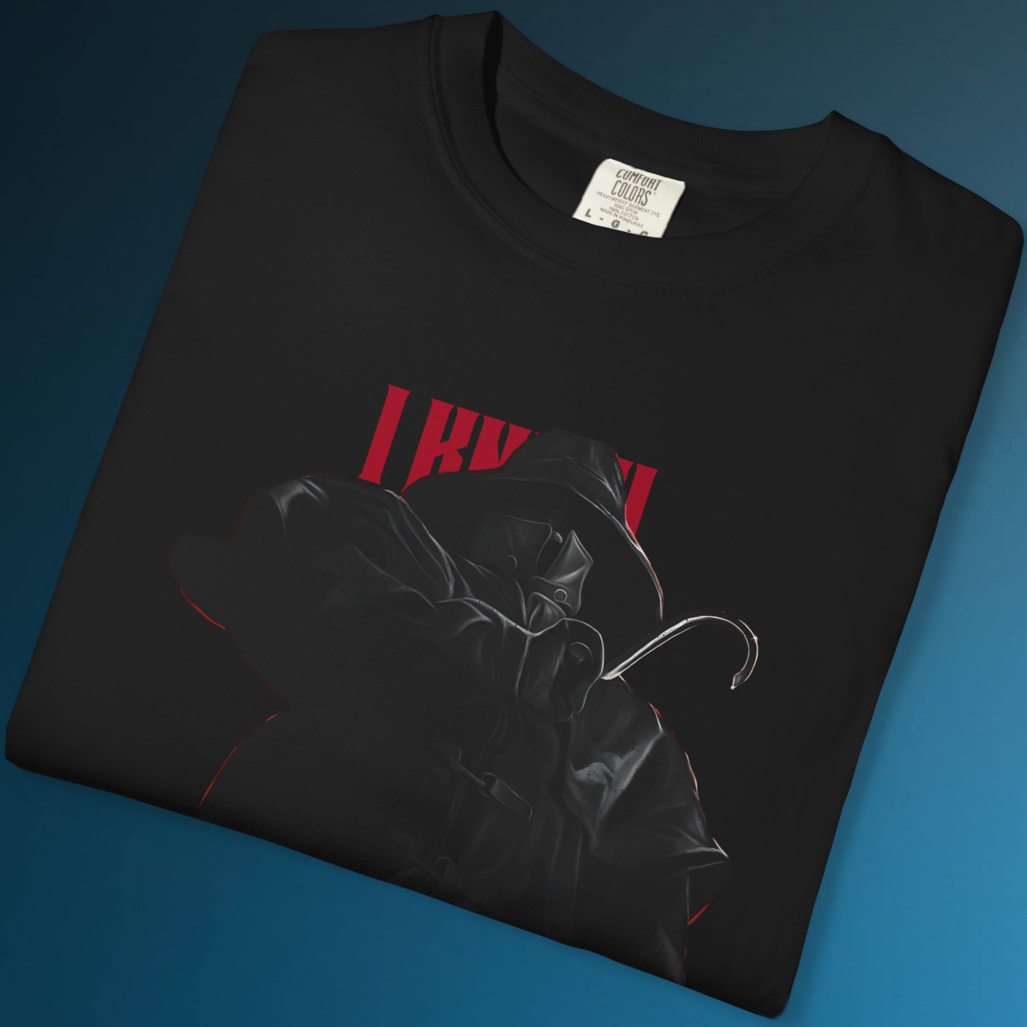 Black horror t-shirt featuring I Know What You Did Last Summer slasher design for retro horror fans.