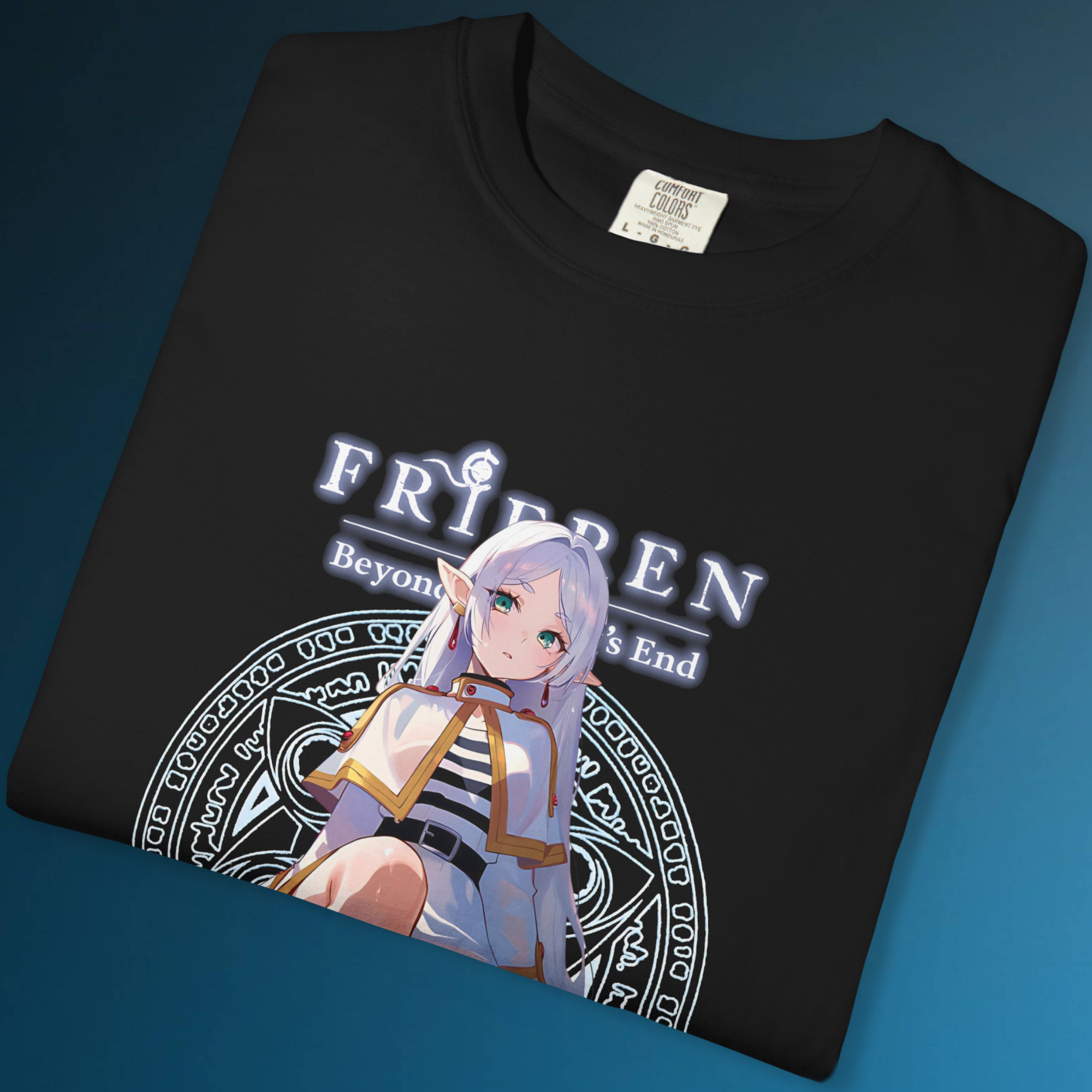 Anime streetwear tee showing Frieren character’s feet in relaxed seated pose