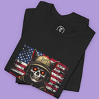 "Bella+Canvas 3001 Skull Cat Veterans tee with skull cat soldier artwork, perfect patriotic gift for veterans and gothic fashion lovers."