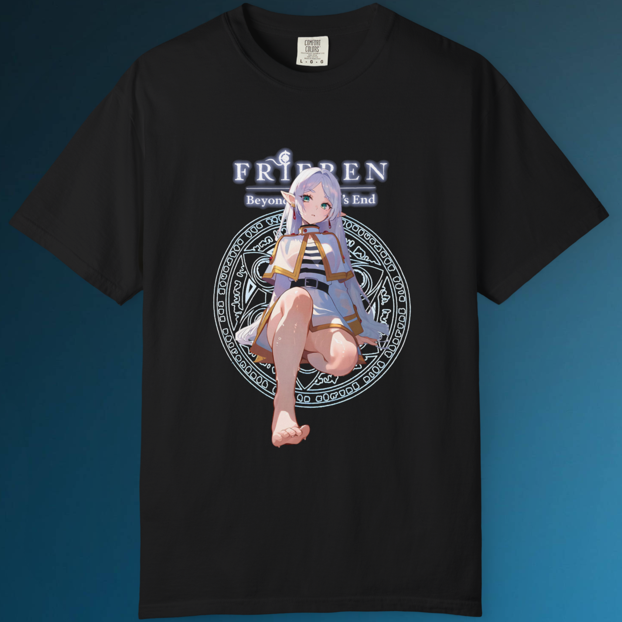 Frieren Beyond Journey’s End shirt with detailed barefoot artwork on black cotton tee