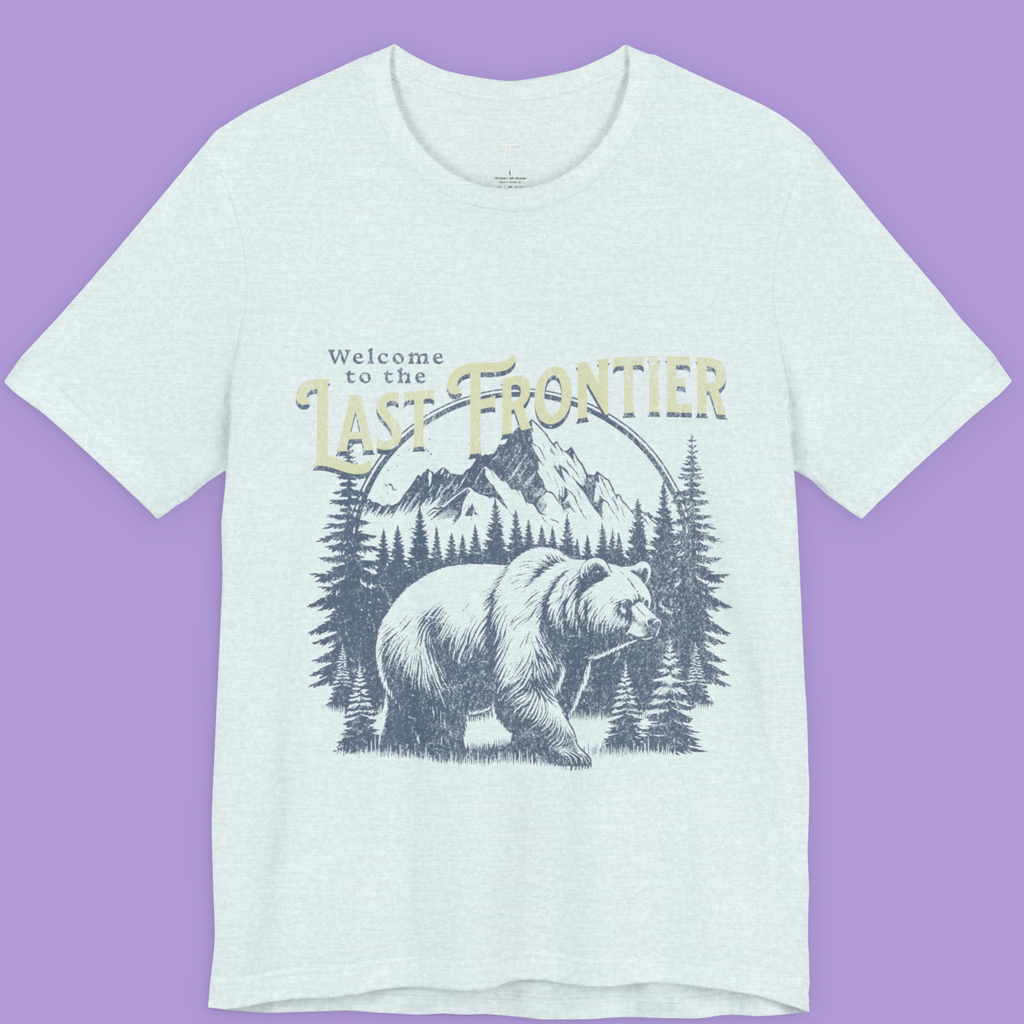 "Last Frontier bear t-shirt with vintage Alaska mountain and forest design"