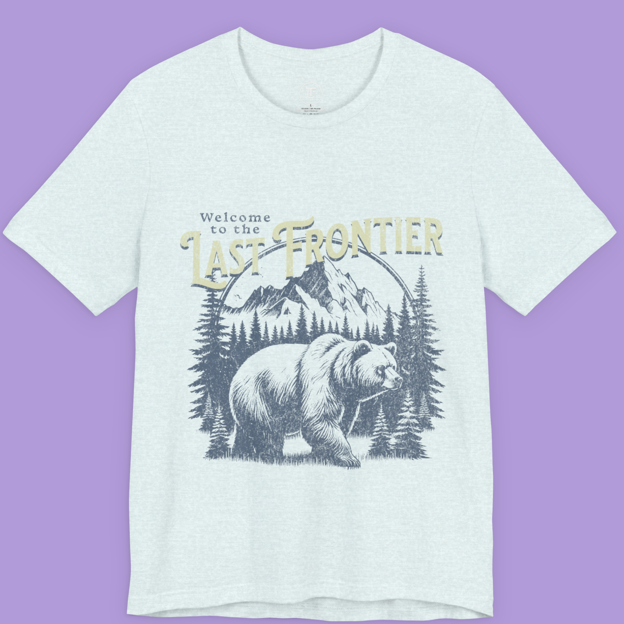 "Last Frontier bear t-shirt with vintage Alaska mountain and forest design"