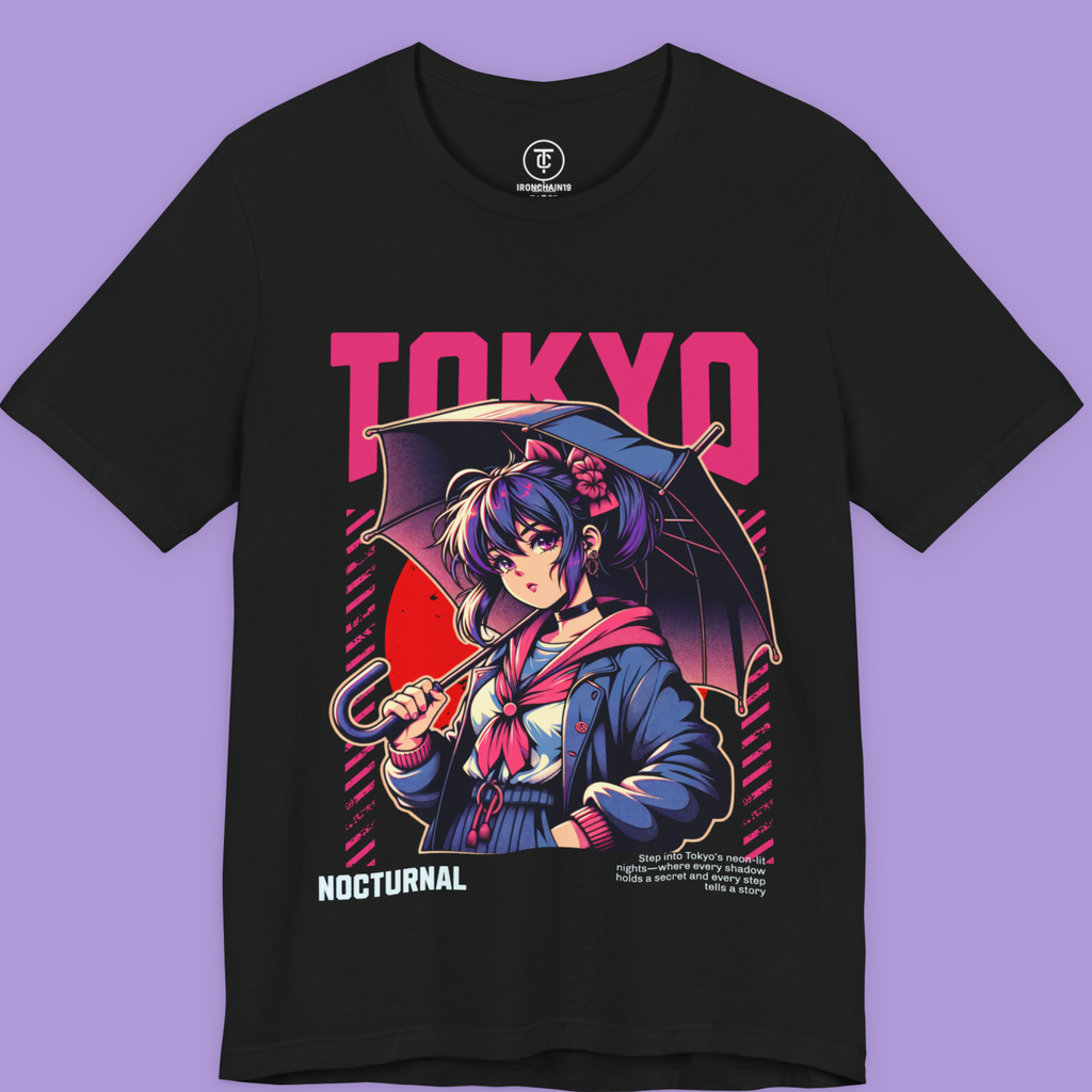 "Black graphic tee featuring anime girl under umbrella, inspired by Tokyo nightlife fashion"